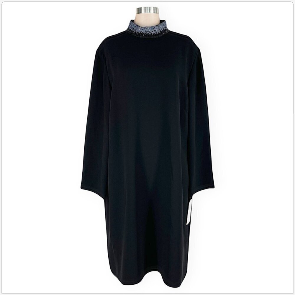 Jones NY Beaded High Neckline Dress Long Sleeves Black Gray Evening NWT New 22W